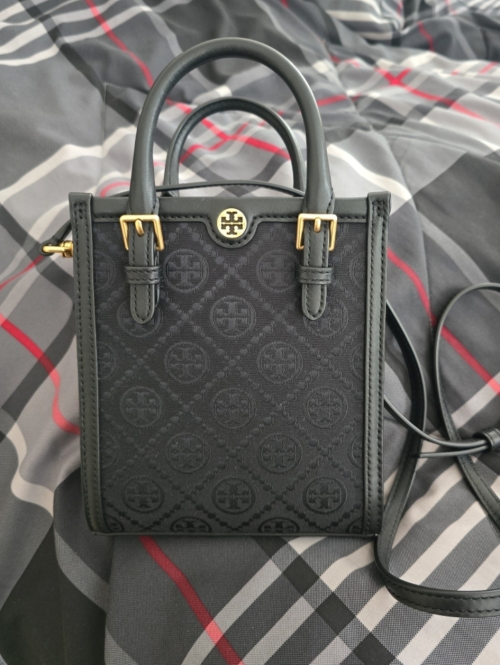 Tory Burch Black Embossed Crossbody Tote with Gold Hardware